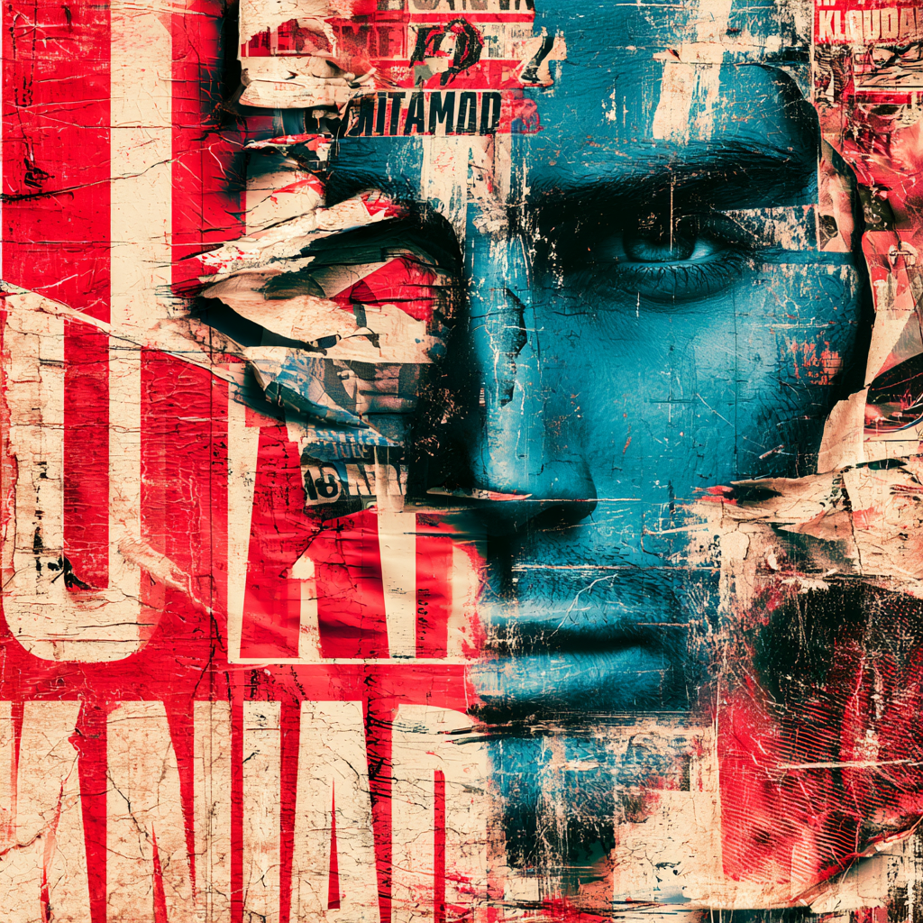 KLOUDAI portrait in torn red and blue collage